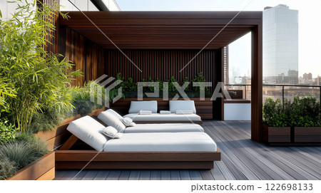 Modern rooftop terrace with wooden pergola and lush greenery in urban setting 122698133