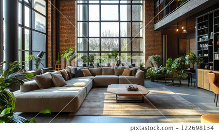 Spacious industrial loft living room with large windows and cozy modern decor 122698134