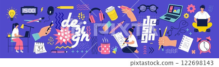 Computer design. Graphic UI content. Web designer. Website create. Draftsman table. Drafter business. House interior. Contemporary art. Drawing and editing. Digital technology developers vector set 122698143