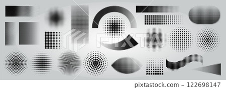 Shape geometric dot. Halftone geometric element with square, circle and line. Pixel color symbol, minimal tone pattern. Half-gradient round. Decorative background design. Comic art vector isolated set Shape geometric dot. Halftone geometric element with square, circle and line. Pixel color symbol, minimal tone pattern. Half-gradient round. Decorative background design. Comic art vector isolated set 122698147
