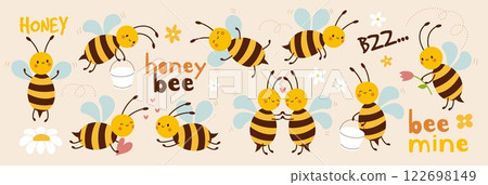 Bee cute. Animal love flowers. Insect Easter graphic element. Cartoon honeycomb in beehive. Icon of bumblebee buzzing hornet. Childish character. Vector honey mascot cartoon flat isolated illustration 122698149