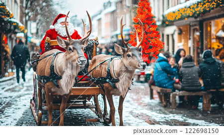Santa claus riding sleigh with reindeer through festive christmas market in snowy december 122698150