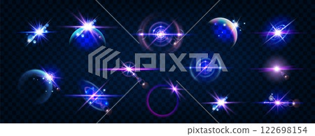 Light glow. Space star icon. Black energy. Neon science flash. Galaxy 3D glitter. Fantasy magic. Twinkling sparkle. Shiny glare effect. Laser lighting. Sparkle futuristic shapes set. Vector background 122698154