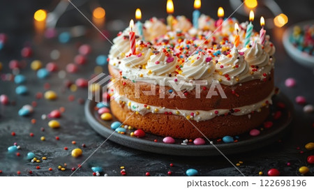 A tempting birthday cake adorned with bright decorations, elegantly showcased on a soft gray-colored background. 122698196