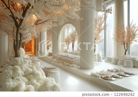 White wedding room with tree in the middle and curtains 122698282