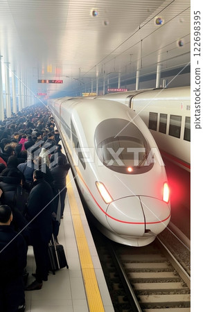 High-speed train arrival in busy asian station with diverse crowd 122698395