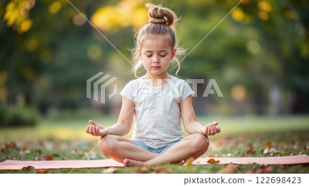 A young girl meditating outdoor 122698423