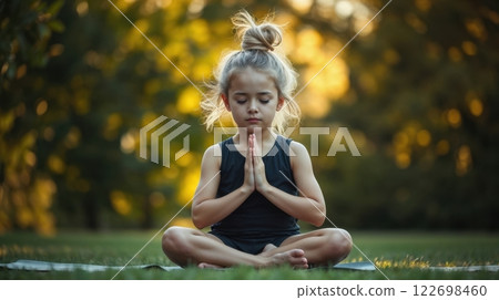 A young girl meditating outdoor 122698460