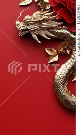 Golden Asian dragon with flowers on vibrant red background 122698463