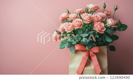 Elegant bouquet of pink roses in a bag with red bow on peach background 122698490