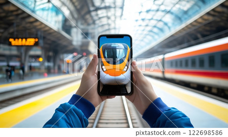 Capturing an orange train at a modern station with smartphone 122698586