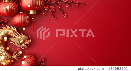 Chinese new year festivities: golden dragon and lanterns on red background 122698591