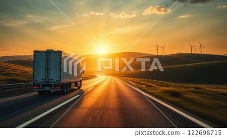 modern white semi-trailer truck and wind turbine 122698715