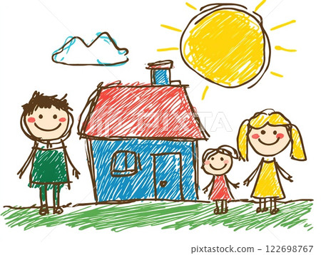 A child's colorful drawing of a stick figure family with a bright sun in the corner and a house, drawn on a white paper. The drawing is simplistic and charming kids style A child's colorful drawing of a stick figure family with a bright sun in the corner and a house, drawn on a white paper. The drawing is simplistic and charming kids style 122698767