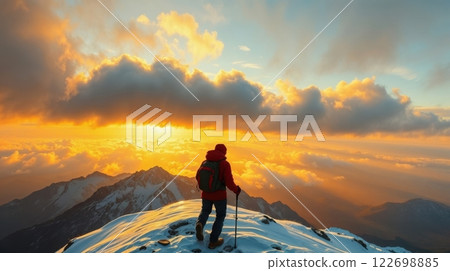 A lone hiker on snowy mountain at sunset A lone hiker on snowy mountain at sunset 122698885