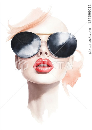 This artwork features a striking portrait of a woman with bright red lips and oversized sunglasses 122699011
