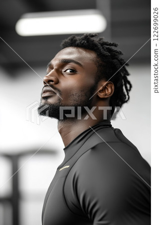 A confident high-performance athlete showcases designer sportswear with gold accents in a softly lit luxury gym. The blurred background emphasizes strength and focus A confident high-performance athlete showcases designer sportswear with gold accents in a softly lit luxury gym. The blurred background emphasizes strength and focus 122699026