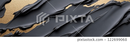 Expressive thick strokes of deep matte black intermingle with shimmering gold, forming a striking visual contrast perfect for luxury branding and packaging Expressive thick strokes of deep matte black intermingle with shimmering gold, forming a striking visual contrast perfect for luxury branding and packaging 122699068