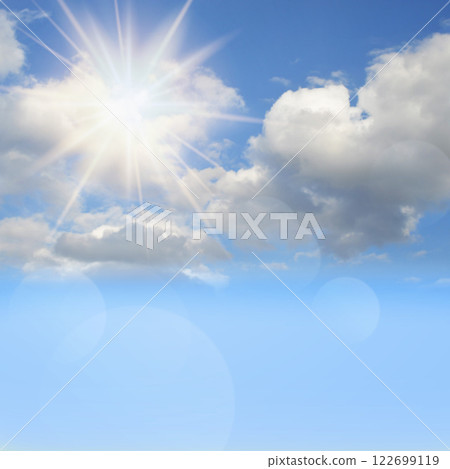 Blue sky with clouds. shining sun and white clouds. Sunny day . Heavens with bright weather, summer season outdoor. bokeh 122699119