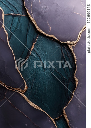 A unique structural acrylic texture blends deep navy, emerald, and burgundy tones with metallic gold hints, ideal for modern interiors and luxury branding applications 122699138