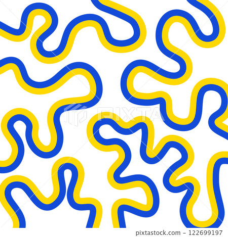 Wavy lines in the colors of the Ukrainian flag flow into a chaotic pattern. Abstract background for the Independence Day of Ukraine. Vector illustration 122699197