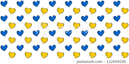 Seamless pattern of blue and yellow hearts on a transparent background. Concept of love, unity, and support Ukraine. Stand with Ukraine. Independence day of Ukraine. Day of Peace. Vector illustration 122699200