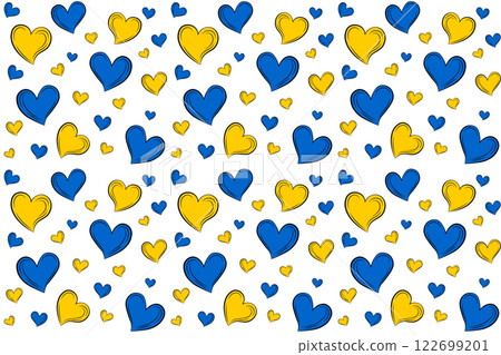 Pattern of blue and yellow hearts on a transparent background. Concept of love, unity, and support Ukraine. Perfect for Independence day Ukraine. Vector illustration 122699201