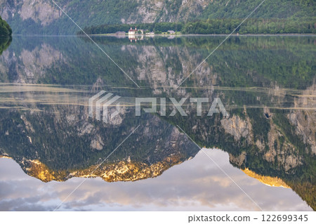 Sunrise on mountain lake Koenigssee Berchtesgaden National Park Bavaria Germany 122699345