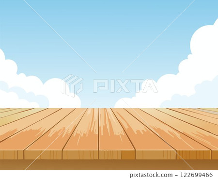 Empty wooden tabletop over sky background with copy space 122699466