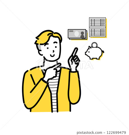Illustration of a smiling young man pointing at his savings 122699479
