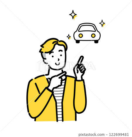 Illustration of a smiling young man pointing at a car Illustration of a smiling young man pointing at a car 122699481