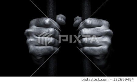Dark and gloomy prisoner's hands gripping rusty iron bars 122699494