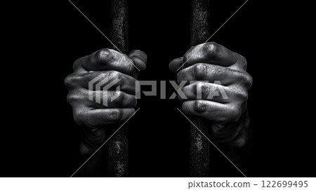 Dark and gloomy prisoner's hands gripping rusty iron bars 122699495