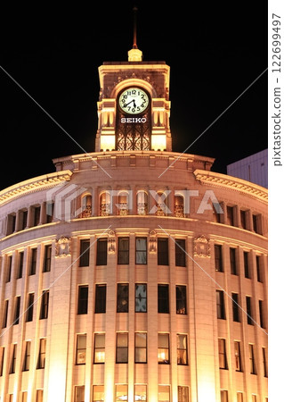 Ginza Wako Building clock tower illuminated at night Ginza Wako Building clock tower illuminated at night 122699497