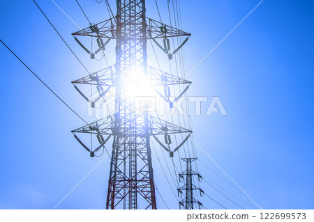 Tokyo cityscape in Japan: View of pylons and power lines bathed in sunlight... What is the future of energy...? = February 7, 2025 122699573