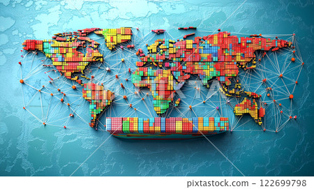 Creative global commerce infographic, world map designed from shipping containers Creative global commerce infographic, world map designed from shipping containers 122699798