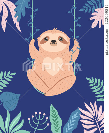 Vector illustration of cute sloth character in a rainforest. 122699815