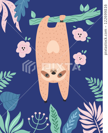Vector illustration of cute sloth character in a rainforest. 122699816