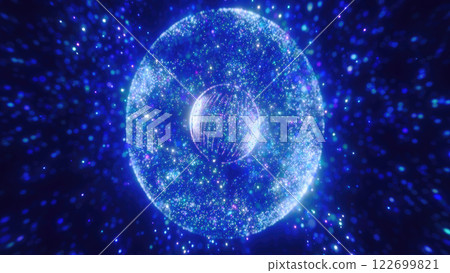 A blue sphere dotted with lights, floating in a dark expanse, reminiscent of a celestial body in a distant galaxy, highlighting abstract and digital art elements 122699821