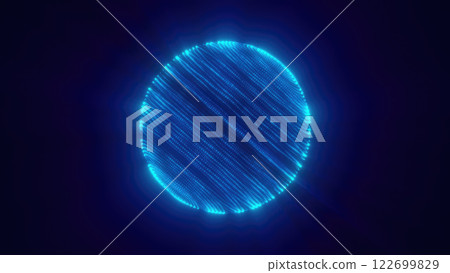 Futuristic glowing blue sphere composed of digital lines and dots on a dark background, representing technology, data, and innovation 122699829