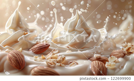 Almond milk splash with floating nuts 122699900