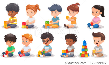 Isolated diverse cartoon kids playing with blocks set  122699907