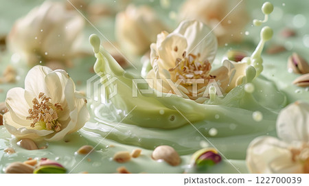 White flower in pistachio milk splash with pistachio flower 122700039