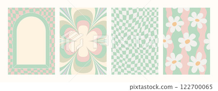 Retro pattern set. Abstract psychedelic Groovy backgrounds in retro colors. Trendy twisted funky vector texture in abstract y2k style. Vector graphic for posters and art prints. 122700065