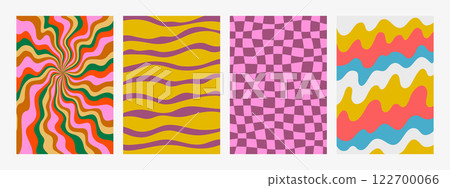 Abstract psychedelic retro pattern set. Groovy backgrounds in vivid colors. Trendy funky vector textures in abstract y2k style. Vector graphic for posters and art prints. Abstract psychedelic retro pattern set. Groovy backgrounds in vivid colors. Trendy funky vector textures in abstract y2k style. Vector graphic for posters and art prints. 122700066