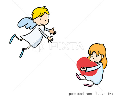 A fairytale-like Cupid floating in the sky / A little girl holding a heart given to her by an angel 2 A fairytale-like Cupid floating in the sky / A little girl holding a heart given to her by an angel 2 122700165