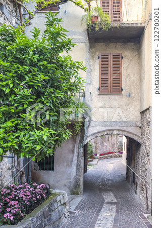 Stone street in Limone Sul Garda town on the shores of Lake Garda, Italy, Europe. 122700201