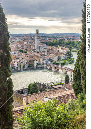 View of the Verona city with Ponte Pietra bridge from Castel San Pietro castle, Italy, Europe. 122700210
