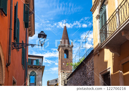 Historic buldings in street at centre of Verona town, Italy, Europe. Historic buldings in street at centre of Verona town, Italy, Europe. 122700216