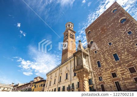 Piazza delle Erbe square with Torre dei Lamberti tower in historic centre of Verona town, Italy, Europe. 122700218